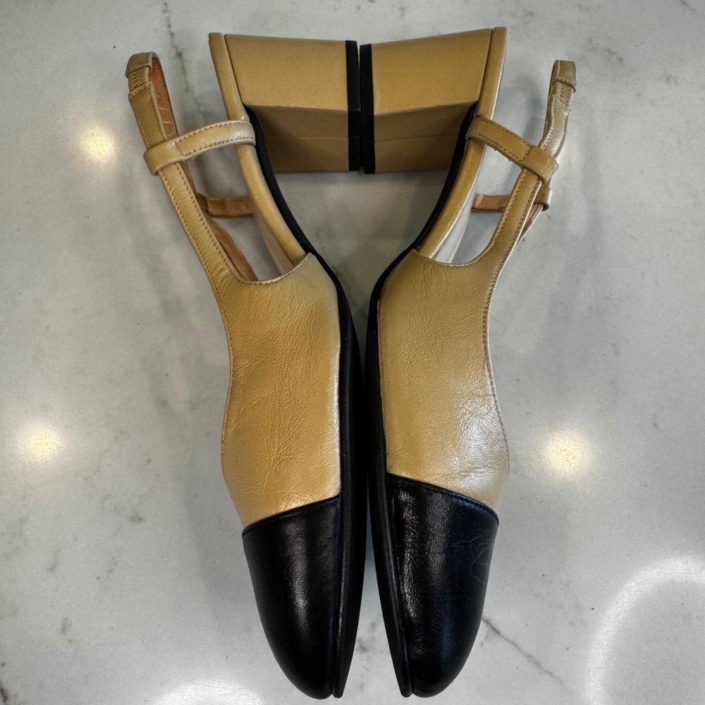FS/NY French Sole Wom 9.5 B Beige Black Cap Toe Leather Slingback Low Block Heel - Picture 4 of 15